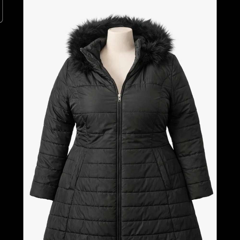 Maralyn & Me Blk Puffer Jacket Faux Fur Trim Hooded Sz3X Gothic Boho Y2k EUC